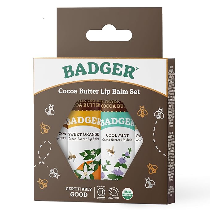 Badger - Cocoa Butter Lip Balm Set, Fair Trade, Certified Organic Lip Butter, Flavored, Cocoa, Vanilla, Orange, Mint, 0.25 oz (4 Pack)
