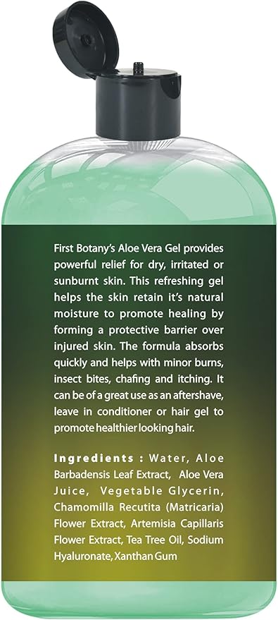 First Botany, Aloe Vera Gel from 100 Percent Pure Aloe Infused with Tea Tree Oil - Natural Raw Moisturizer for Hand Sanitizing Gel, Skin Care, Hair Care, Sunburn, Acne & Eczema -16.9 fl oz | 500 ml