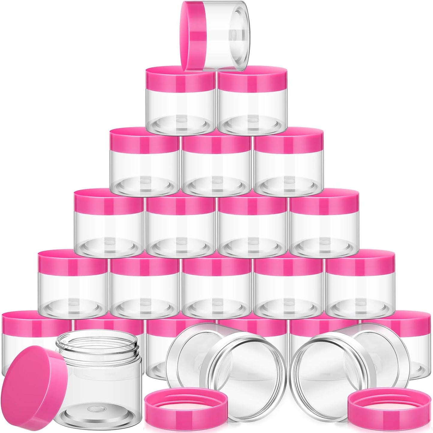 SATINIOR 24 Pieces Empty Clear Plastic Jars with Lids Round Storage Containers Wide Mouth for Beauty Product Cosmetic Cream Lotion Liquid Butter Craft and Food(Pink Lid,6 oz)