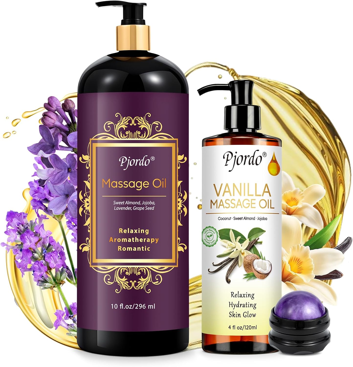 Massage Oil for Massage Therapy, Vanilla, Lavender Oil, with Massage Roller Ball, Massage Oils for Muscle Relaxing, Calming, Soothing & Moisturizing, Spa Gift Set for Her and Him