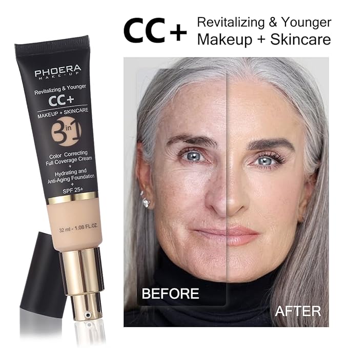 PHOERA Foundation,PHOERA CC Cream Foundation Color Correcting Anti Aging Hydrating Serum &SPF 25+,PHOERA Primer, PHOERA Makeup Foundation, Makeup Brushes (102 Nude+100 Porcelain CC Cream)