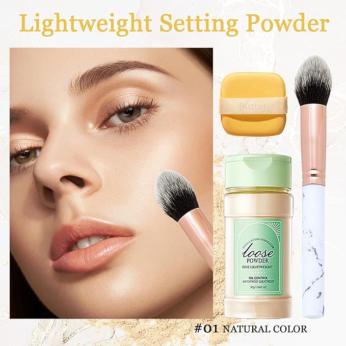 Lightweight Setting Powder,Waterproof Oil Control Translucent Face Powder,Smooth Long Lasting Matte Finish Loose Powder with Face Makeup Brush & Powder Puff(Natural Color)
