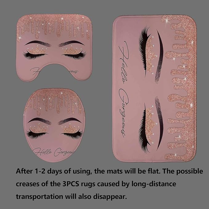 4PCS Hello Gorgeous Shower Curtain Set, Rose Gold Glitter Drip Bling Glam Diamond Crown Princess Unicorn Eyelash Girls Pink Bathroom Decor, Waterproof Fabric Shower Curtain Bath Mat Toilet Rug