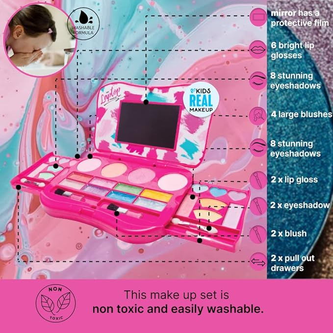 My First Makeup Set for Young Girls I Kids Makeup Kit for Little Girls I Foldable Makeup Palette with Makeup Mirror I Pink Set Makeup for Kids Vanity I Washable Laptop Design Toddler Makeup Kit Gift
