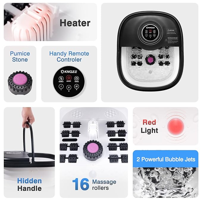 Collapsible Foot Spa Bath with Heat, Remote Control, Temperature Control, Bubbles, Pumice Stone, Red Light, Timer, 16 Massage Roller Pedicure Foot Spa Foot Soaker for Soothe & Relax Tired Feet