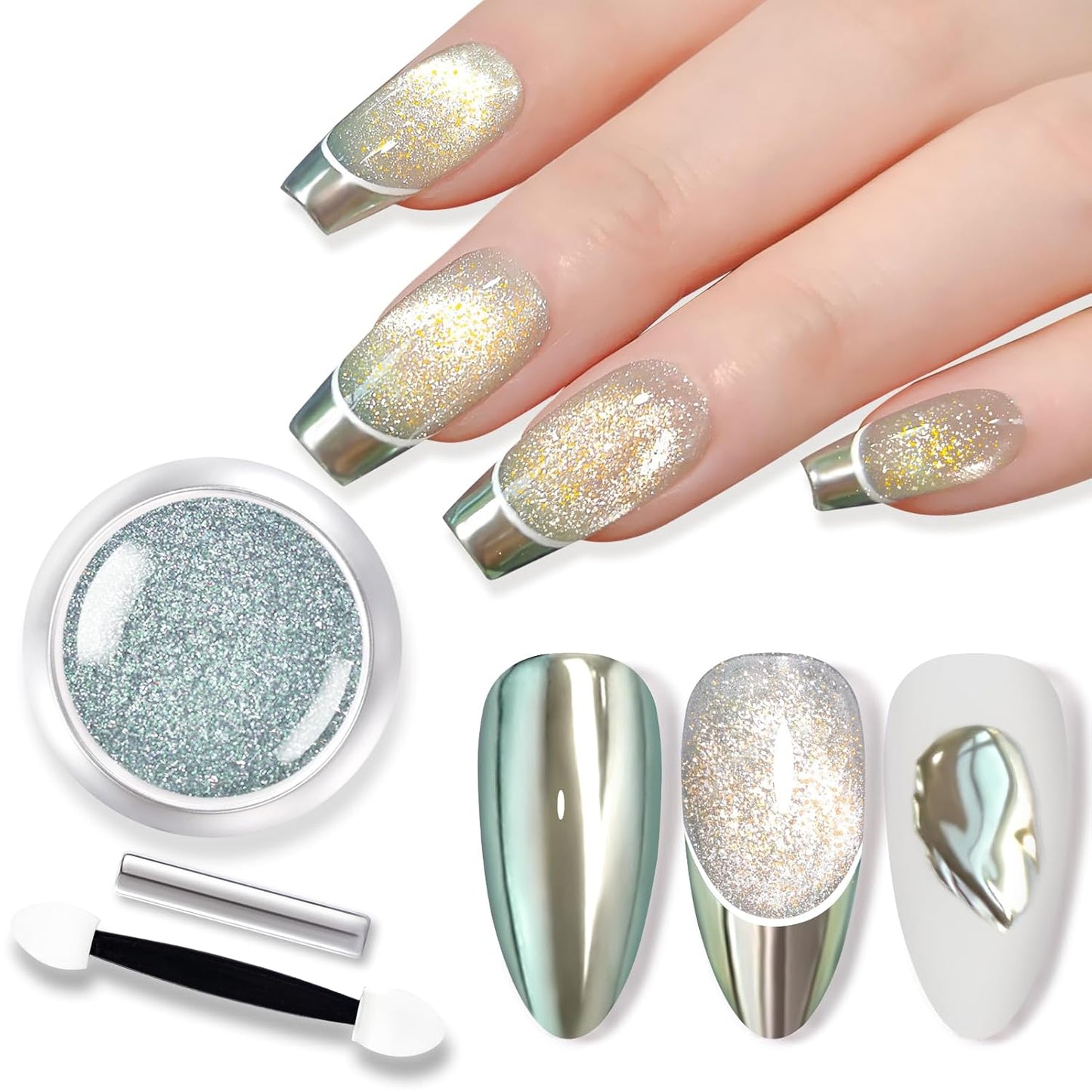 Born Pretty Green Chrome Nail Powder Super Glossy Mirror Effect Metallic Nail Powder Cat Magnetic Eye Nail Powder Nail Glitter Manicure Pigments for Nail Art Design