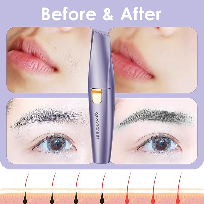 Eyebrow & Facial Trimmer: 2-in-1 Rechargeable Facial Hair Removal & Eyebrow Shaver - Painless Razor with Built-in LED Light (Solar Purple)