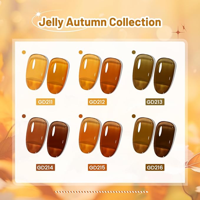 JODSONE 6 Colors Gel Nail Polish Set Fall Collection Jelly Effect Soak Off Need U V LED Gel Polish Set Autumn Mauve Brown RedSalon-Quality DlY Home Manicure