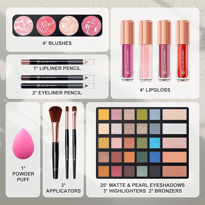 Makeup Kit for Women,All in One Makeup Gift Set for Girls in Cosmetic Train Case (White) With Mirror,Full Starter Cosmetic Kit Includes Eyeshadow Palette,Lipgloss,Blushes