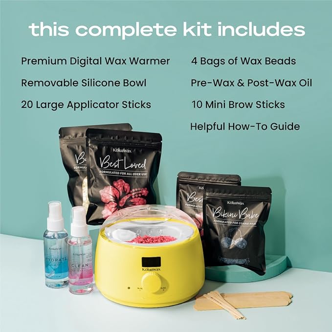 KoluaWax Premium Waxing Kit for Women - Hot Melt Hard Wax Warmer for Hair Removal, Eyebrow, Bikini, Legs, Face, Brazilian Wax - Machine, 4-Pack Beads, Accessories, Sun