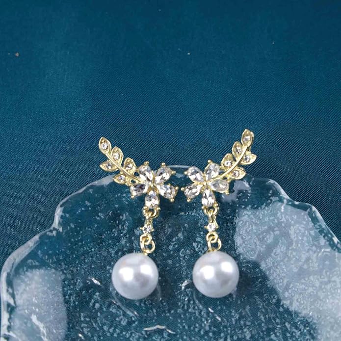 Vintage Crystal Flower Ear Climber Earrings Rhinestone Pearl Dangle Earrings Gold Cz Chain Tassel Earrings Sparkly Pearl Drop Earrings Jewelry for Women
