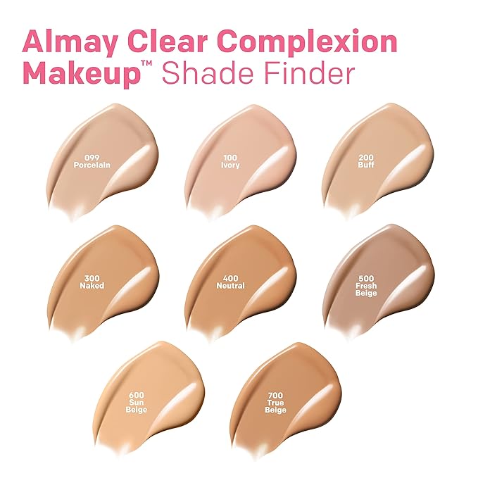 Almay Clear Complexion Acne Foundation Makeup with Salicylic Acid - Lightweight, Medium Coverage, Hypoallergenic, Fragrance-Free, for Sensitive Skin, 099 Porcelain, 1 fl oz.