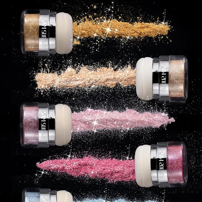 Glitter Body Highlighter Powder Body Shimmer Sparkle Face Brightening Highlighter Powder for Face Eyes Body Glow Makeup With sponge head(01#)