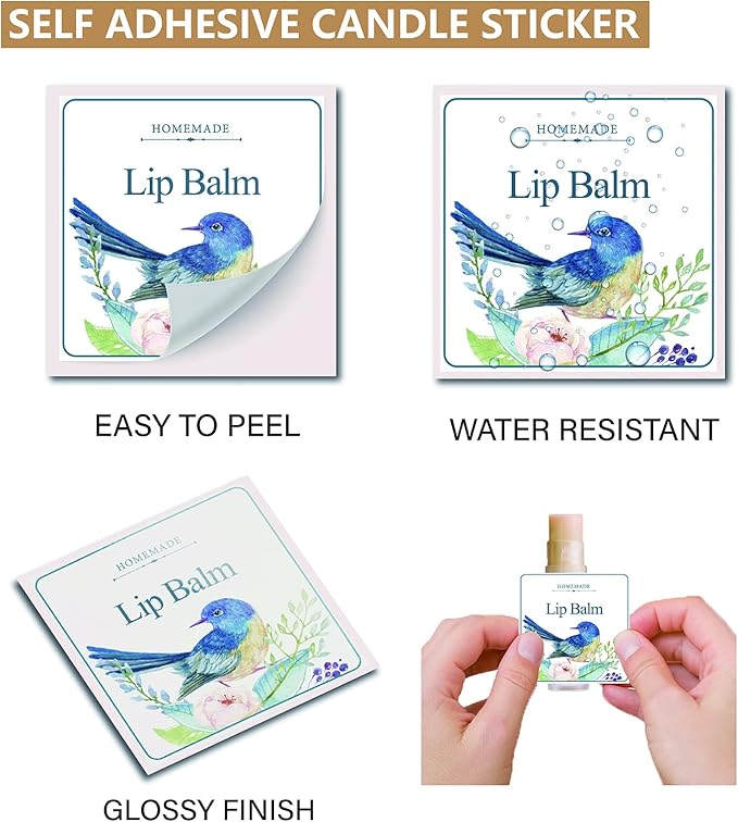 CRASPIRE Lip Balm Labels 80pcs Homemade Lip Balm Labels 2” Clear Lip Balm Labels for Tubes Printable Waterproof Lip Balm Stickers Labels for Lip Balm Handcream Candle Container(Flowers and Birds)