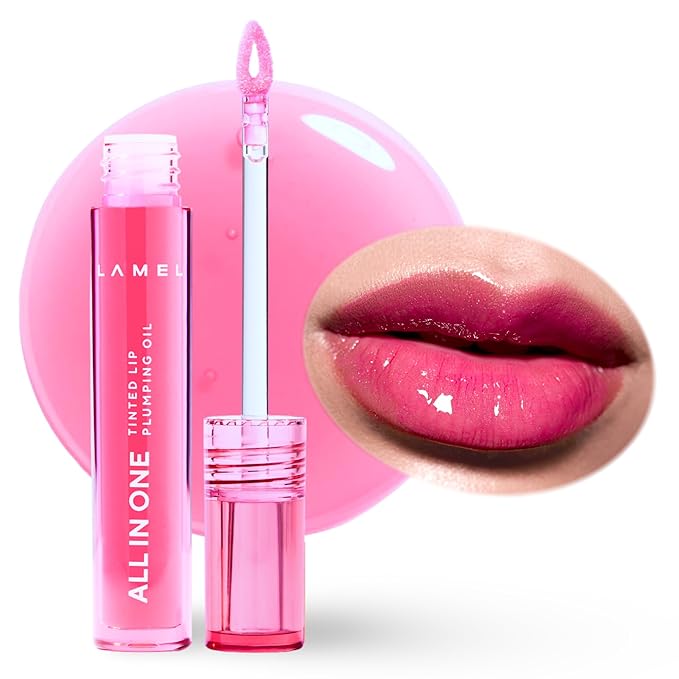 All-in-One Lip Oil - Lightweight, No-Sticky, Tinted, Plumping, Hydrating Lip Gloss - Lip Balm for Day & Night Use, Long-Lasting Lip Stain, Lip Glow Oil, Lip Plumper Tint - Pink Sparkle β402