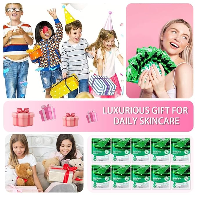 Kaely 10 Pack Aloe Vera Sheet Masks, Spa Party Face Masks for Kids Teens Women Men Skincare Set, Girls Night Facial Masks Skin Care, Moisturize Soothe for All Skin Types, Christmas Gifts, Set05B
