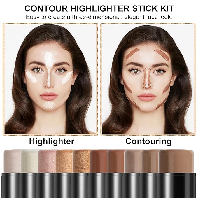 2Pcs Cream Contour Stick Makeup Kit, Cream Highlighter Stick and Bronzer Contour Stick with Longwear Waterproof Formula for Brightening and Trimming the Cheeks, Makeup Brush Include (#05, 06)