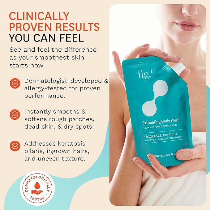 Fig.1 Exfoliating Body Scrub, Polish for Rough & Dead Skin, Keratosis Pilaris, Strawberry Skin, Volcanic Pumice, Glycerin, Eucalyptus Fragrance, Skin Smoother, Body Wash Scrub, 200 ml