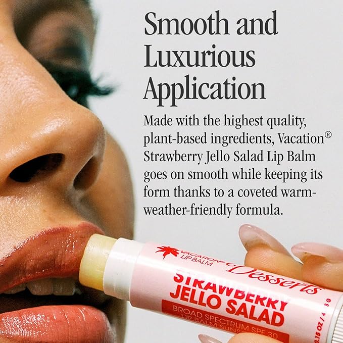 Vacation Strawberry Jello Salad SPF 30 Sunscreen Lip Balm 3-Pack, Lip Balm Made Without Beeswax, Lip Balm with Sunscreen, Lip Balm SPF Set, Lip Sunscreen, Water Resistant, Vegan (Pack of 3)