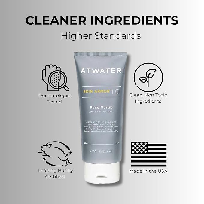ATWATER Skin Armor Exfoliating Face Scrub, Men's Facial Cleanser with Jojoba Beads and Salicylic Acid, Non-Abrasive Skin Exfoliator for All Skin Types - 3.4 oz