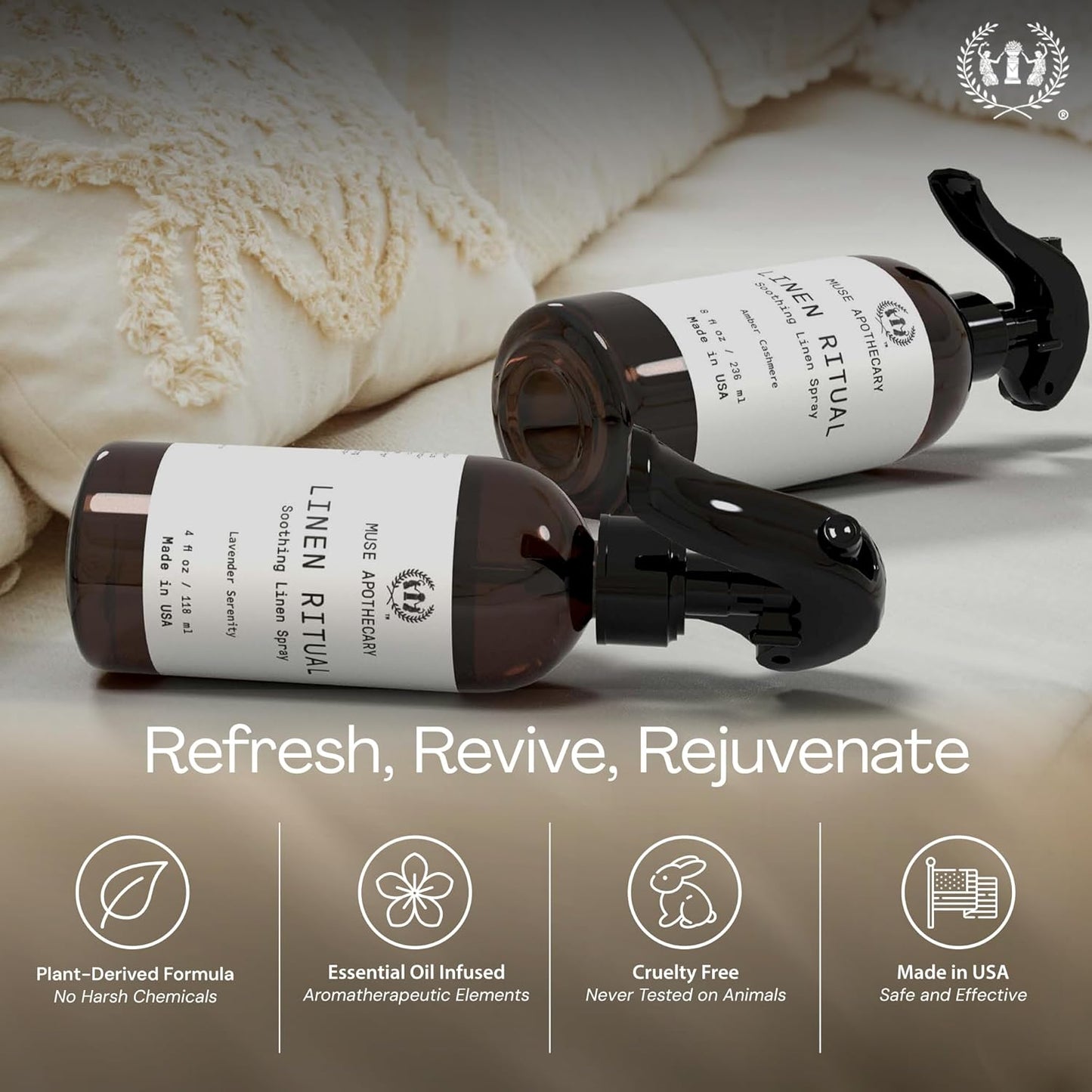 Muse Apothecary Linen Ritual - Aromatic, Soothing, and Relaxing Linen Mist, Laundry and Fabric Spray - Infused with Aromatherapy Essential Oils - 8 oz, Amber Cashmere, 2 Pack