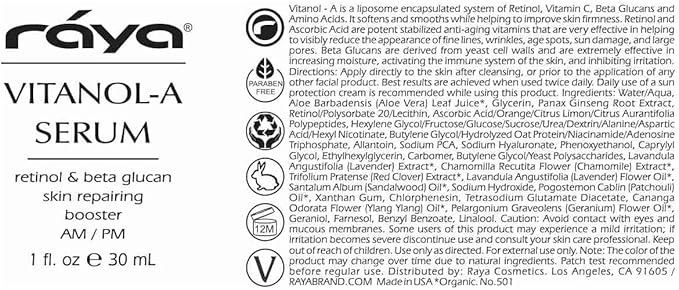 RAYA Vitanol - A (501) Serum for Face | Vitamin-A & Vitamin C Serum | Anti-Aging, Antioxidant Face | Skin Care for Oily Skin | Smoothing, Refining & Skin lightening