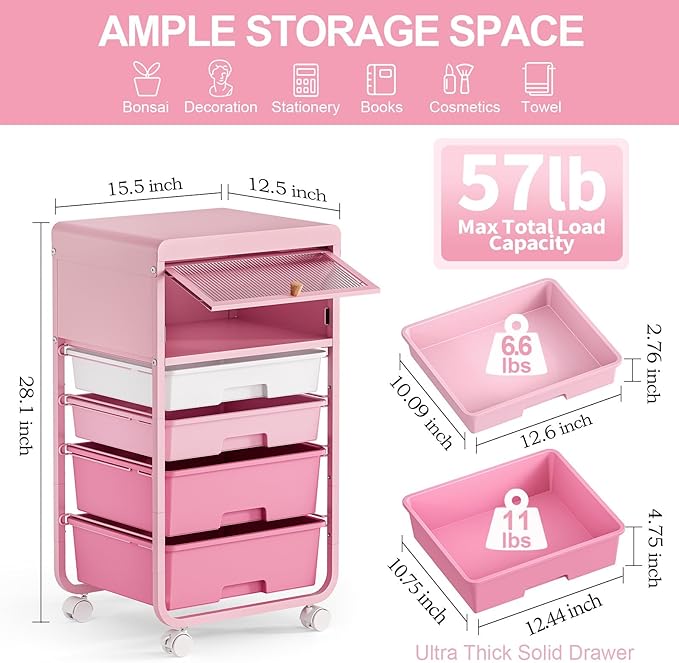 Utility-Rolling-Storage-Drawer-Craft-Cart-Organizers with 4 Drawers & Dust-Proof Door for Kid Craft Art Room,Bedroom,Home Office, Classroom, Rose Pink