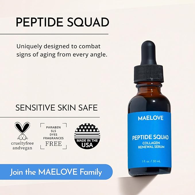 MAELOVE Peptide Squad Collagen Renewal Serum with Copper Peptides, Argireline, Matrixyl 3000 + Hyaluronic Acid and Niacinamide for Wrinkles, Fine Lines, and Skin Elasticity