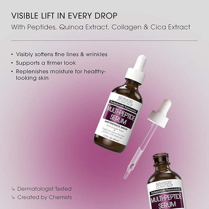 Advanced Clinicals Multi Peptides Serum For Face | Visible Anti Aging Hydrating Collagen Peptide Facial Serum With Vitamin E Helps Improve Look Of Wrinkles, Puffiness, & Uneven Skin Tone, 2-Pack