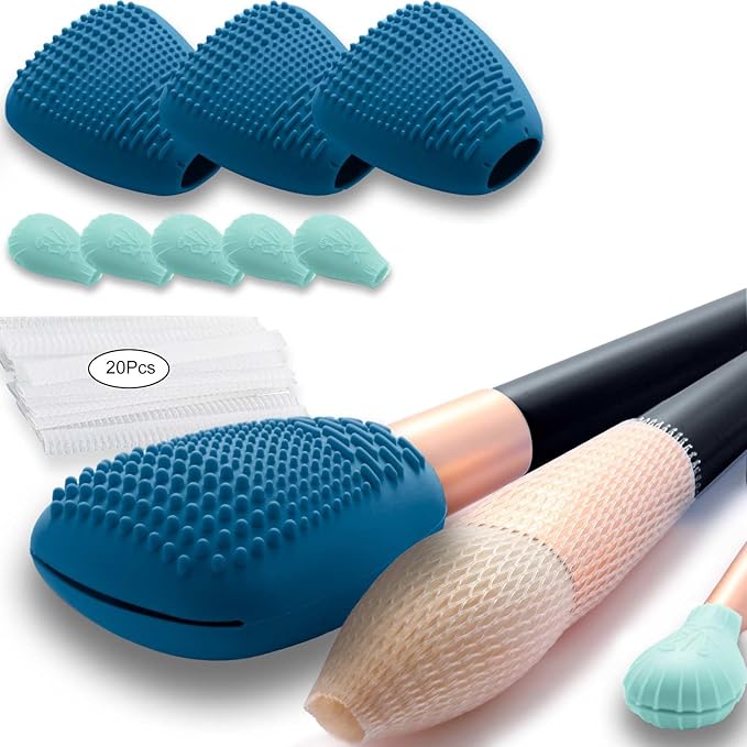 Silicone Travel Make-up Brush Holder with Cleaner Mat Pad, Organizer Case Covers for Foundation Eye Lip Brushes Storage Cleaning, Gift for Women Girl-Friend Mother Wife, 3-Pcs Large + 5 Small, Blue