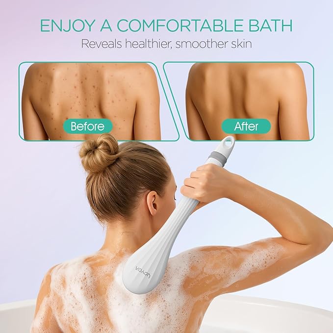 VOYOR Electric Body Brush Back Scrubber for Shower Rechargeable Exfoliating Bath Brush Powered Shower Brush with Non-Slip Long Handle Deep Cleansing, Exfoliation, Massaging Spin Brush BC100 (Gery)