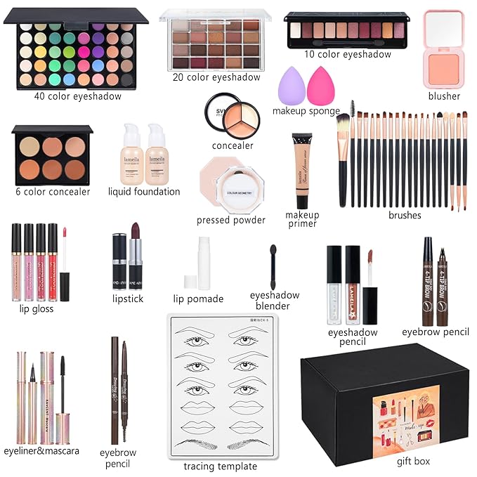 All in One Makeup Kit Makeup Kit for Women Full Kit Multipurpose Makeup ,eyeshadow、 liquid foundation,Loose powder,Eyebrow pencil,4-color lip gloss set