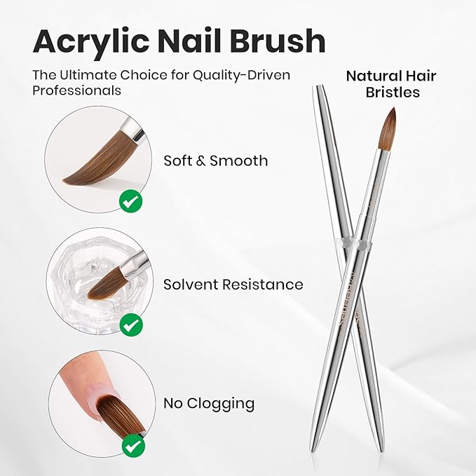 Beetles Kolinsky Acrylic Nail Brush Pure Kolinsky Hair Bristles Round Shaped Metal Handle Nail Art Brushes for Acrylic Powder Manicure Extension Professional Salon Manicure Tool - Size 10