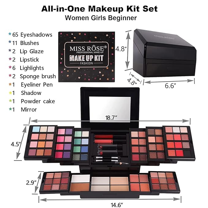 88 Colors Professional Makeup Palette Set Kit Combination, All In One Makeup Gift Set for women Full Kit, include Eyeshadow,Lipstick,Compact Powder,Eyeliner,Concealer(006-Black)