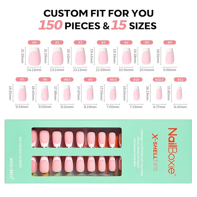 modelones French Tip Press on Nails, 150Pcs Short Coffin Fake Nails with Nail Box, Pink & White Gel Nail Tips for Women, Soft Glue-On Nails for Natural Salon Look, DIY Nail Art Kit (15 Sizes)