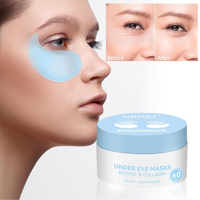Under Eye Patches Masks for Eye Bags, Puffy Eyes, Fine Lines, Wrinkles, Dark Circles Treatment with Collagen and Retinol, Collagen Reduce Wrinkles Eye Masks, Lift, Firm Eyes Skin, 60 Pcs