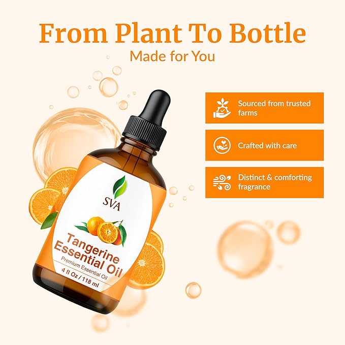 SVA Tangerine Essential Oil – 4 Fl Oz – 100% Natural Tangerine Oil - for Diffuser, Hair Care, Face, Skin Care, Aromatherapy, Scalp and Body Massage, Soap and Candle Making – with Dropper
