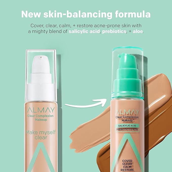 Almay Clear Complexion Acne Foundation Makeup with Salicylic Acid - Lightweight, Medium Coverage, Hypoallergenic, Fragrance-Free, for Sensitive Skin, 600 Sun Beige, 1 fl oz.
