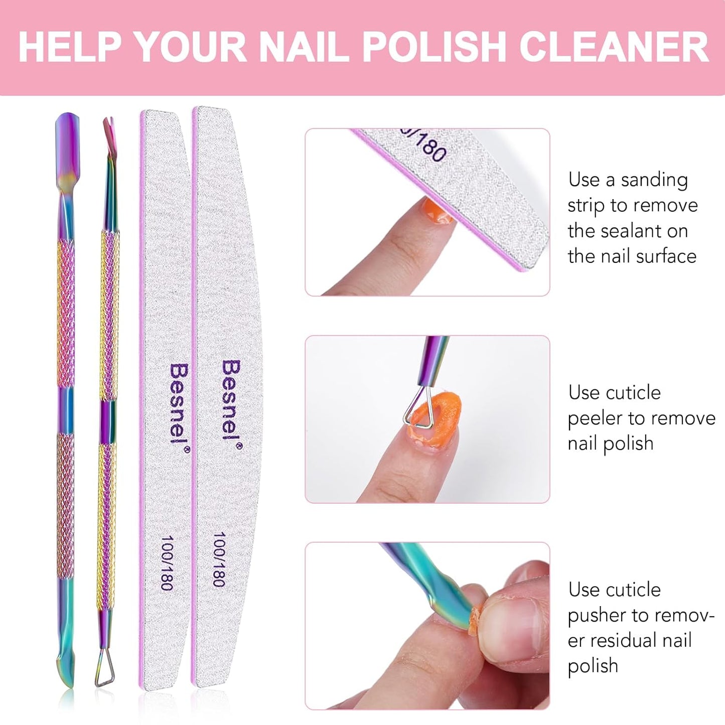 Gel Nail Polish Remover 10 Pack Professional Gel Polish Remover Non-Irritating Quick Easy, Nail Polish Gel Remover Tools Kit Nail File Cuticle Pusher File Grit, No Need For Foil Soaking Or Wrapping
