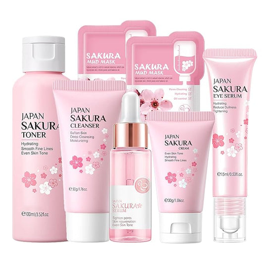 Skin Care Set Sakura Women Beauty Gift Sets Korean Skin Care Kit with Cleanser, Face Serum, Face Cream,Toner,Eye Cream,2Pcs Mud Mask - Skin Care Routine Kit for Women (SetC)