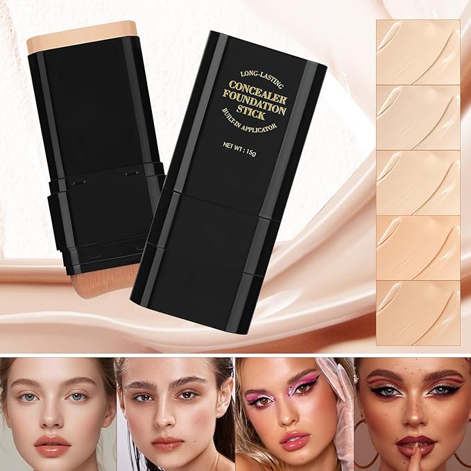 2PCS Long-Lasting Concealer Foundation Stick, Full Coverage Foundation Stick, 2-in-1 Contouring foundation with Brush, Cover Blemishes for All Skin Types (03#Light skin)