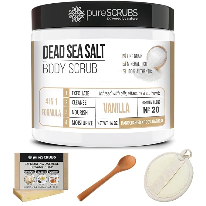 pureSCRUBS Premium Vanilla Body Scrub Set - Large 16oz Dead Sea Salt Body Scrub With Infused Essential Oils & Nutrients, Includes Wooden Spoon, Loofah & Oatmeal Exfoliating Bar Soap
