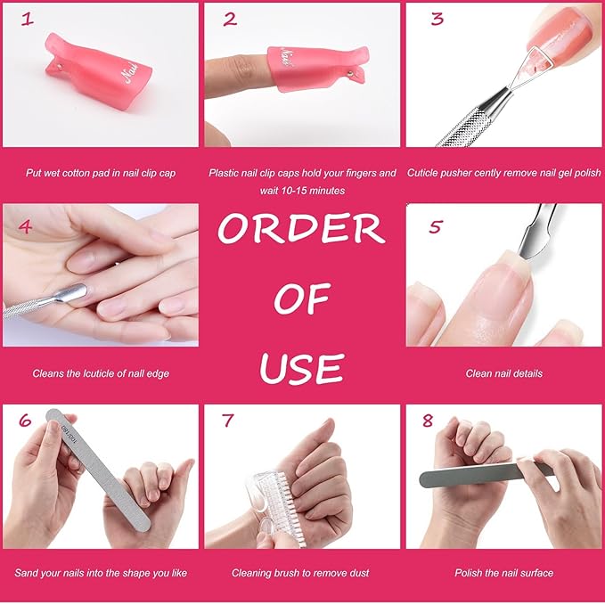 Gel Nail Polish Remover Tools Kit, with 10 Pcs Nail Clips, 400 Pcs Lint Free Nail Wipes, Nail Files 100/180, Buffer Block 400/4000, Nail Brush, Cuticle Pusher, Cuticle Peeler (Pink)