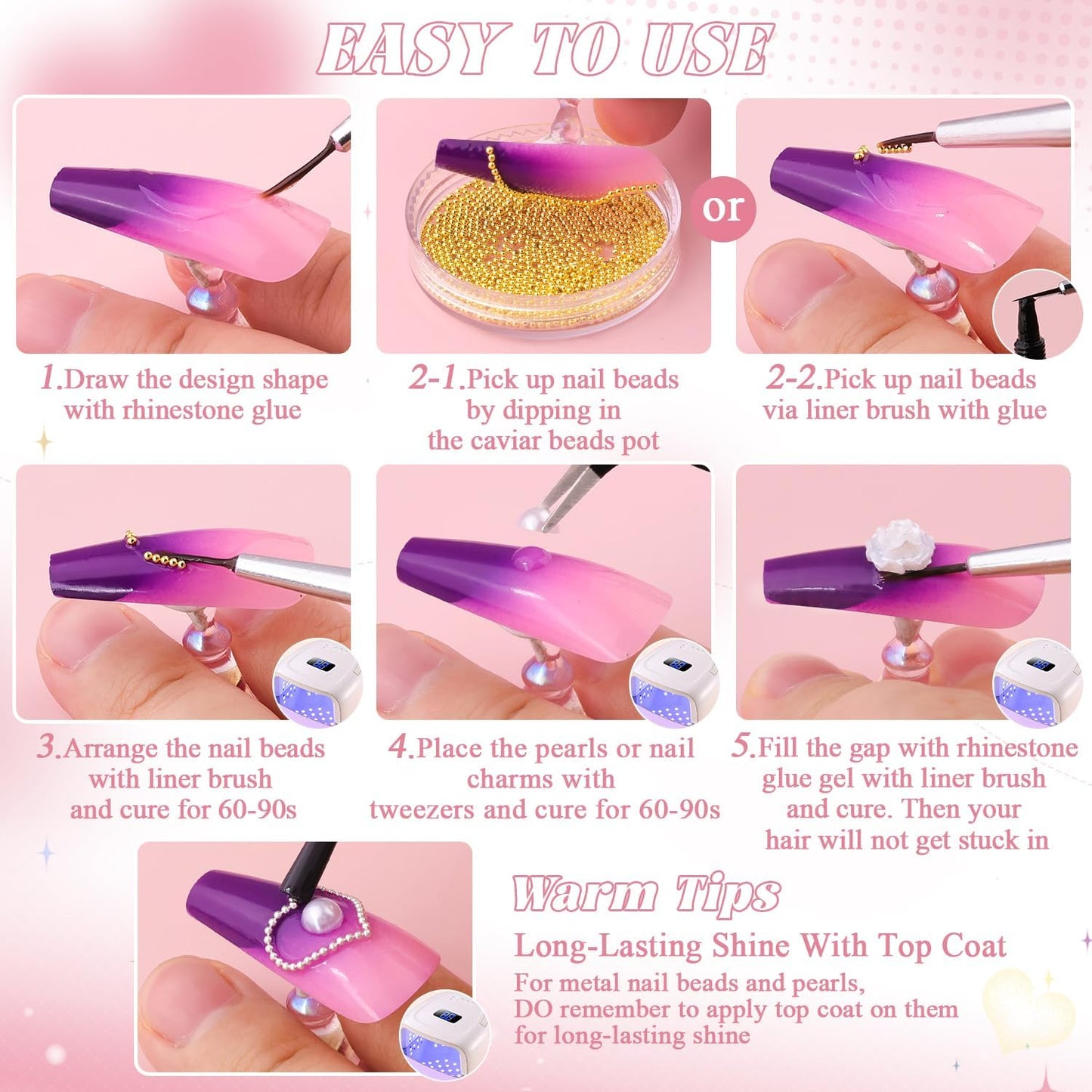 Flatback Pearls (White) and 3D Flowers for Nail Art, Pearl Nail Charms and Colorful Nail Flowers Blossom with Round Caviar Nail Beads Nail Accessories for Acrylic Nail Tips Manicure Decor