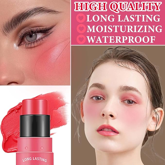 Cream Blush Stick,Blush Stick for Cheeks with Contour Brush,3-in-1 Long Lasting Waterproof Blush&Eye Shadow&Lip Gloss for All Skin Types(02 Rose Pink)