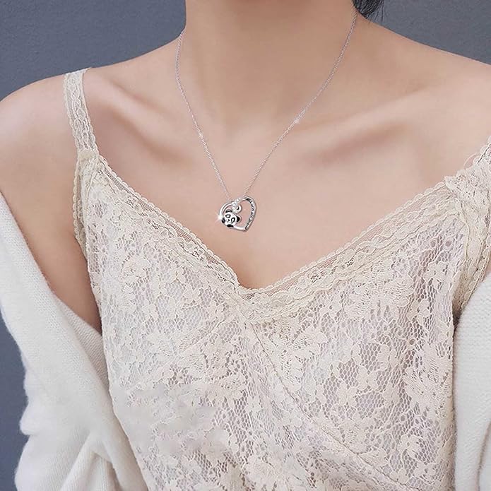 Silver Crystal Panda Necklace Choker Vintage Heart Panda Pendant Cute Animal Necklace Charm Jewelry I Love You Forever Birthday Gifts for Kids Women and Girls