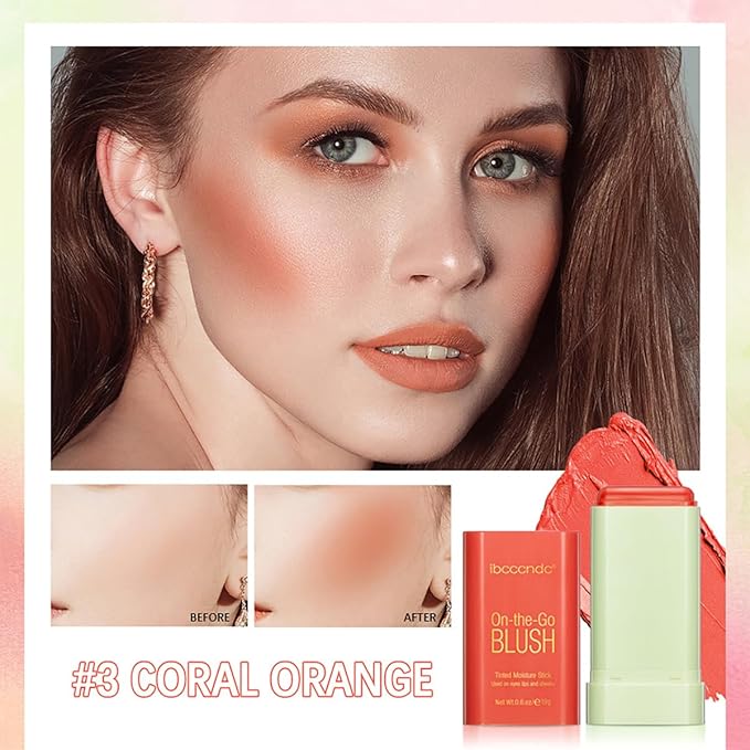 Multi-Use Makeup Blush Stick, Tinted Solid Moisturizer On-the-Go Blush, Multi-use Cream Blush Stick for Cheek & Eyes & Lips, Waterproof Natural Nude Makeup for All Skin (3# Coral Orange)