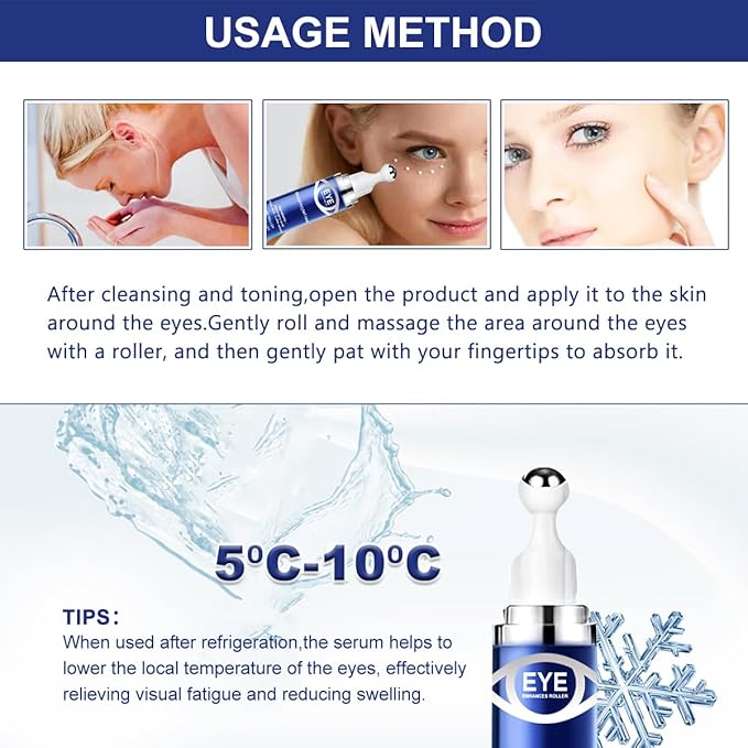 Caffeine Eye Serum,Under Eye Roller Serum with 360° Massage Ball,Eye Contour Cream for Dark Circles and Puffiness Wrinkles Fine Lines