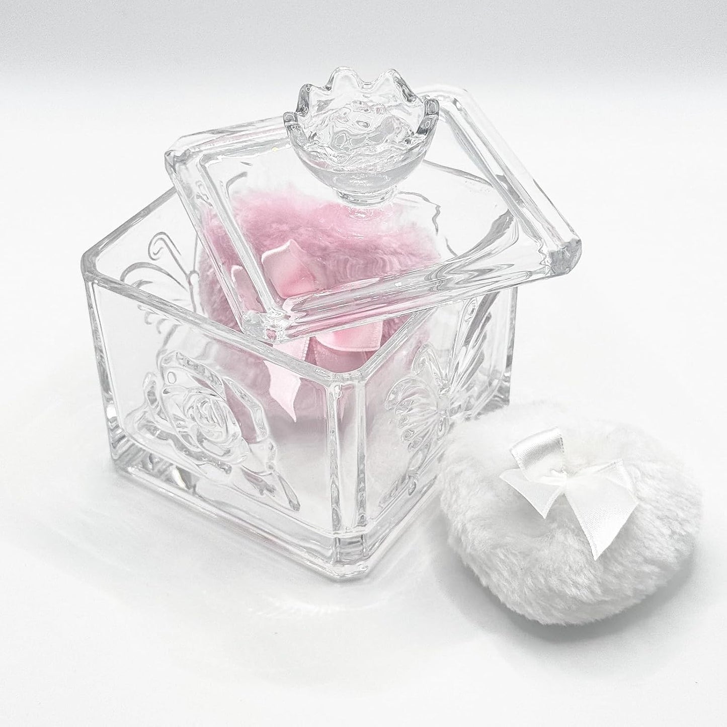 Body Powder Puff and Container - Glass Dusting Powder Container with 2 Soft Puffs – Vintage Powder Puff Case for Women & Girls (3.74x3.74x4.53 H IN) - GRB013-Transparent