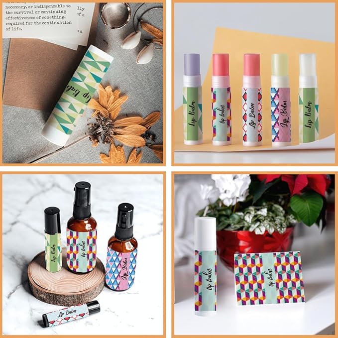 OLYCRAFT 100Pcs Self-Adhesive Lip Balm Tag Stickers 1.7x2.1 inch Waterproof Adhesive Label with Texture Pattern Rectangle Lipstick Tag Sticker for Lip Balm Container Tubes Lipstick Wrapping Decoration